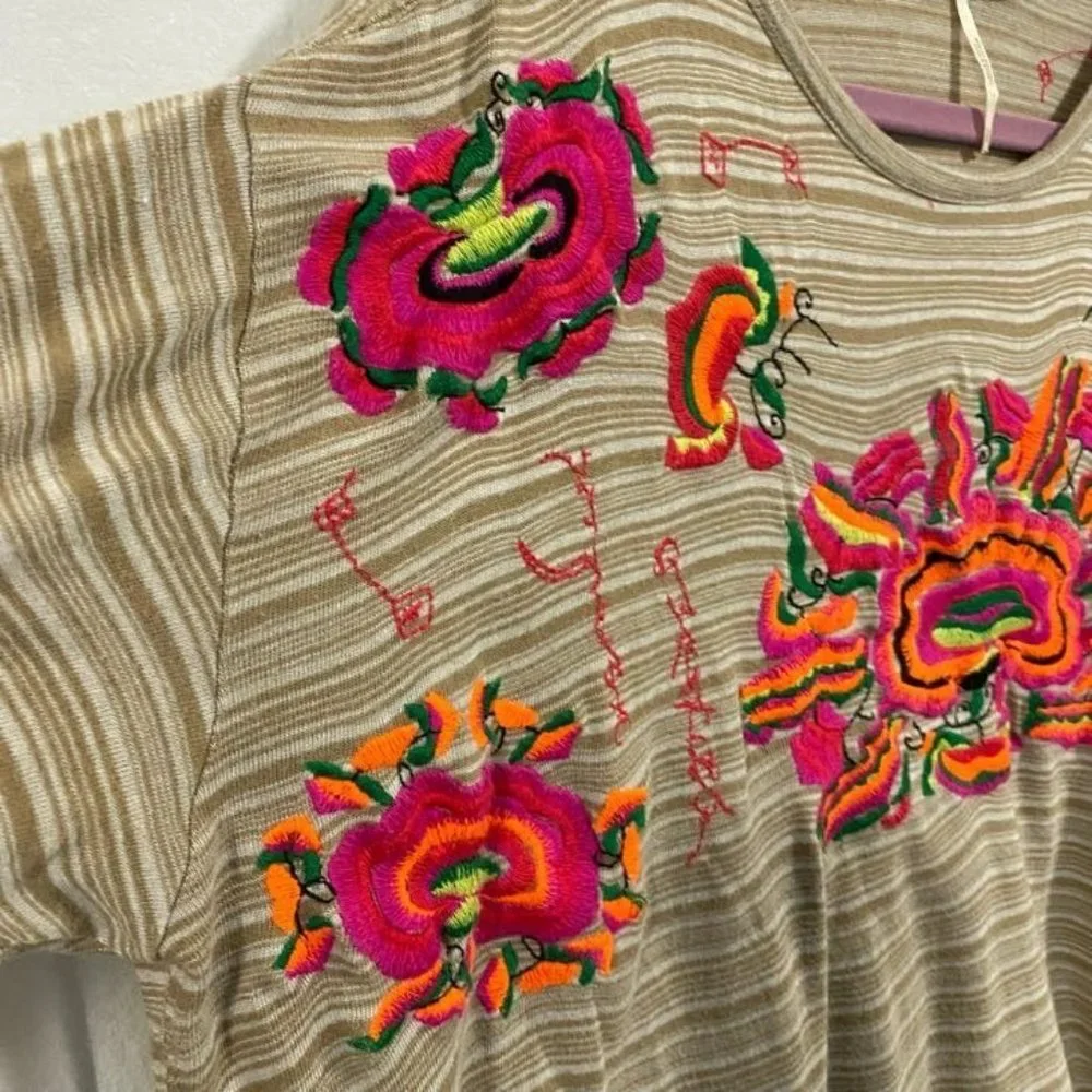 Free People Catalunya Embroidered Striped Cuffed‎ Sleeves Top Size S